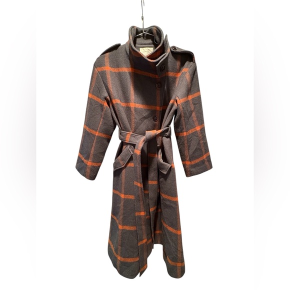 Moussy Stand Collar Long Plaid Wool Blend Coat | Grey & Burnt Orange | Small - Picture 3 of 7